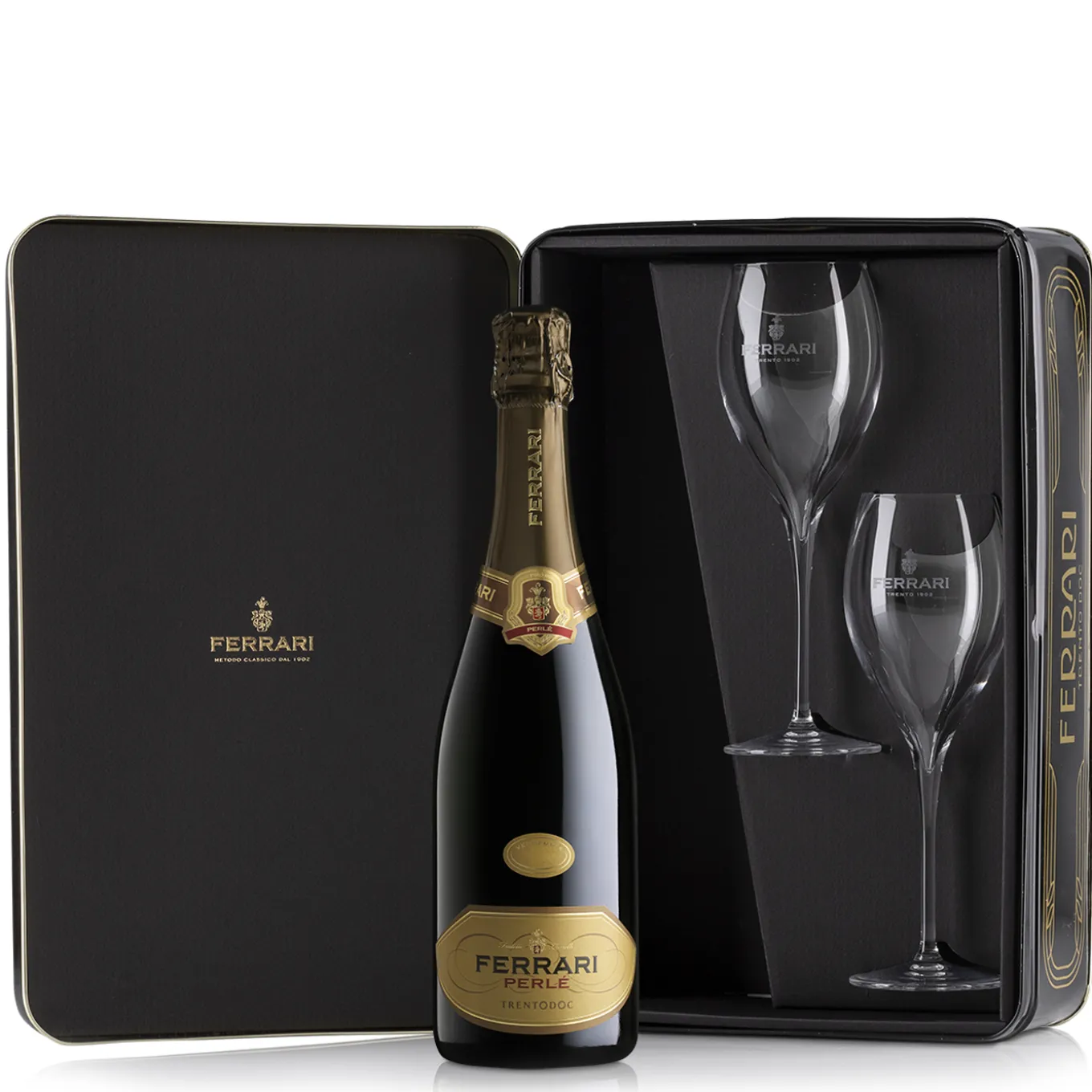 Latta Ferrari Perlé Trentodoc con Calici