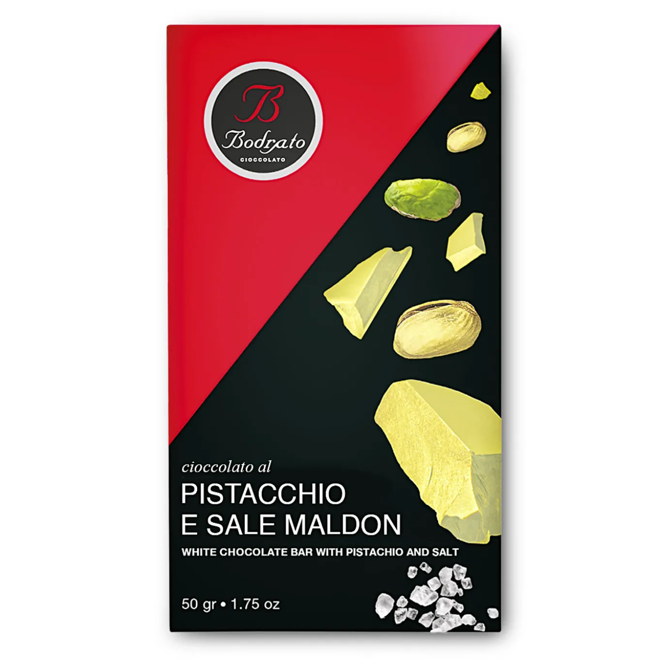 Tavoletta di Cioccolato Bianco, Pistacchio e Sale Maldon 50g